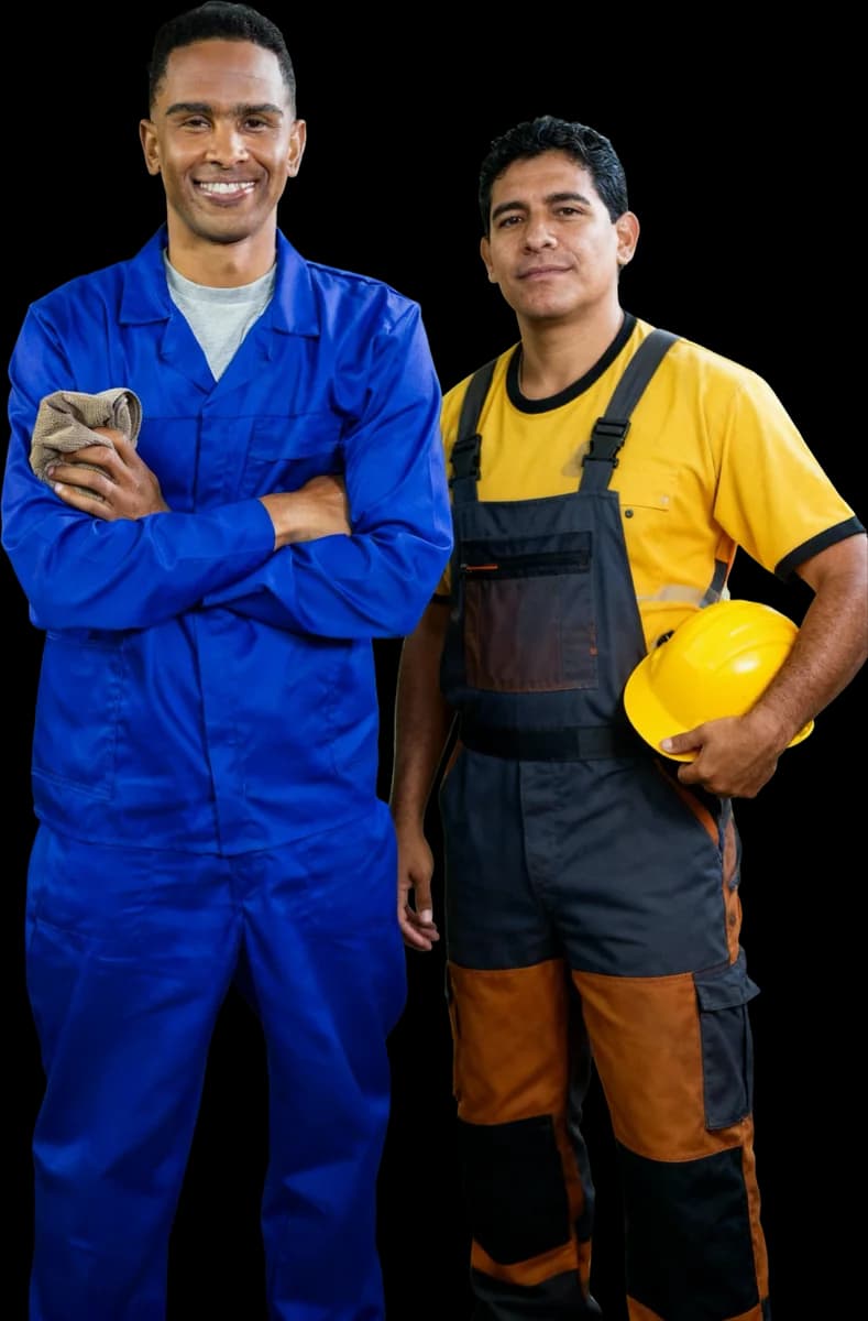 Dos profesionales con ropa de trabajo, sonrientes